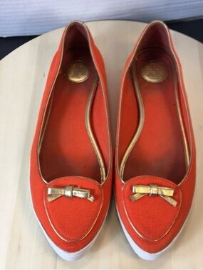 Tory Burch Dakota Flats Sneaker Canvas Leather Bow Logo Shoes, Size 8M Orange